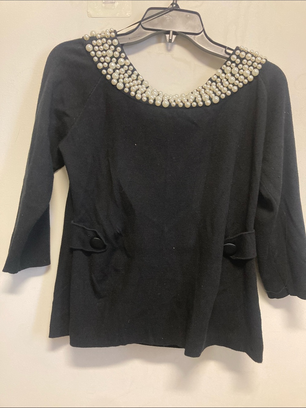 Pearl-Trim Black Boatneck 3/4 sleeves Top